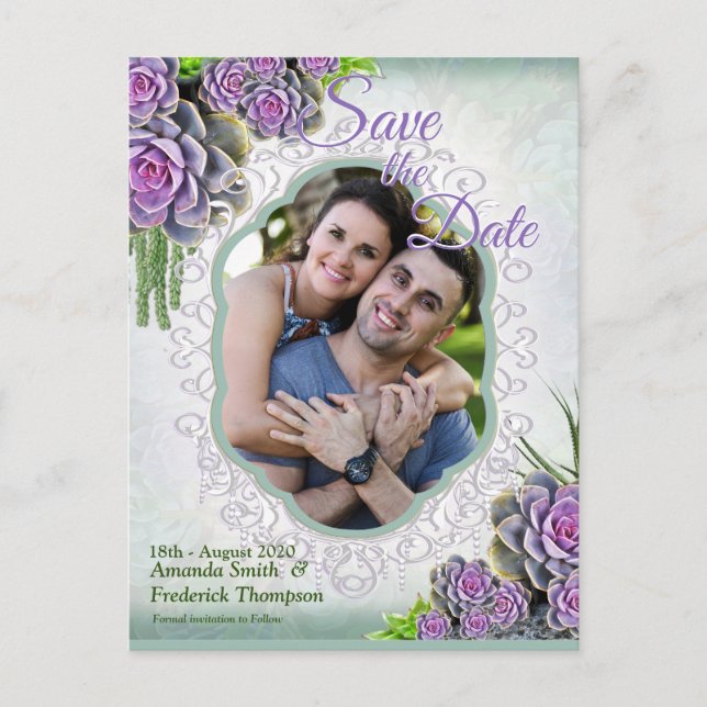 Succulent Hues of SeaGreen, Violet  Save the Date Announcement Postcard (Front)