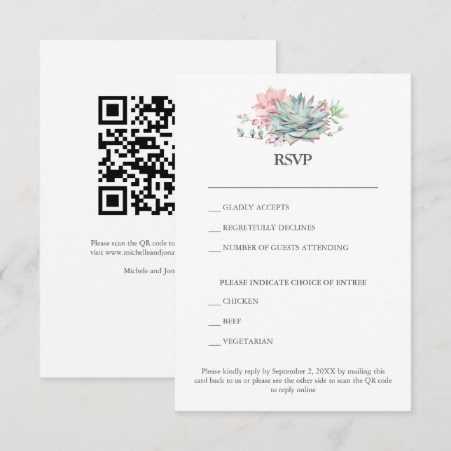 Succulent Hybrid Wedding RSVP Card with QR Code (Front/Back)