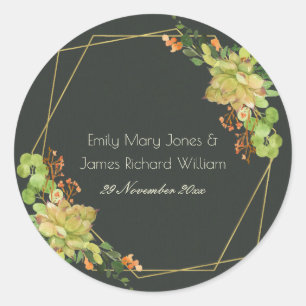 SUCCULENT KRAFT ORANGE FLORAL WATERCOLOR WEDDING CLASSIC ROUND STICKER