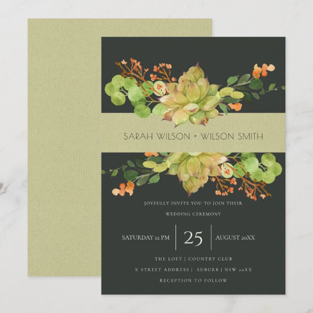 SUCCULENT KRAFT ORANGE FLORAL WATERCOLOR WEDDING INVITATION (Front/Back)