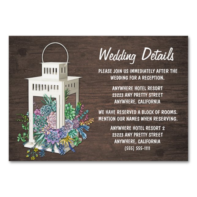 Succulent Lantern Wedding Reception Insert Cards (Front)