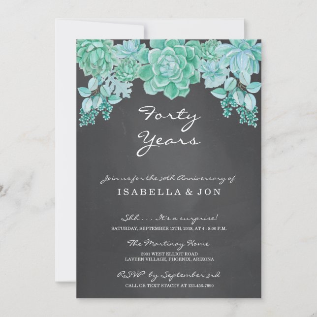 Succulent on Chalkboard Wedding Anniversary Party Invitation (Front)
