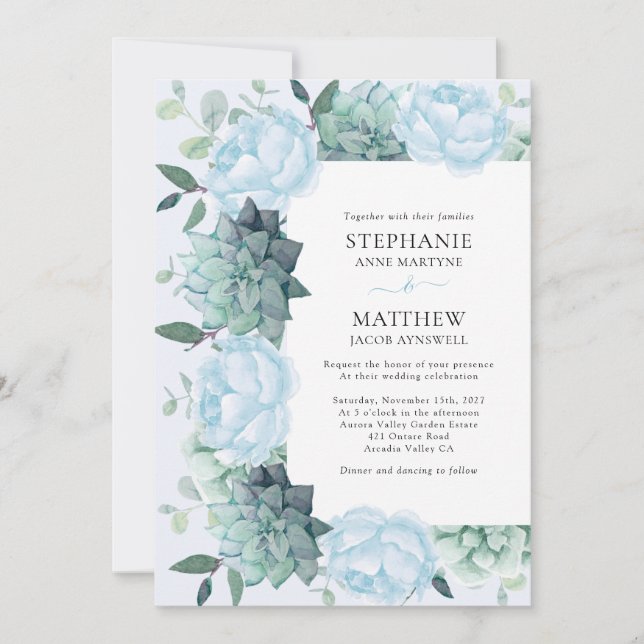 Succulent Peony Eucalyptus Dusty Blue Wedding Invitation (Front)