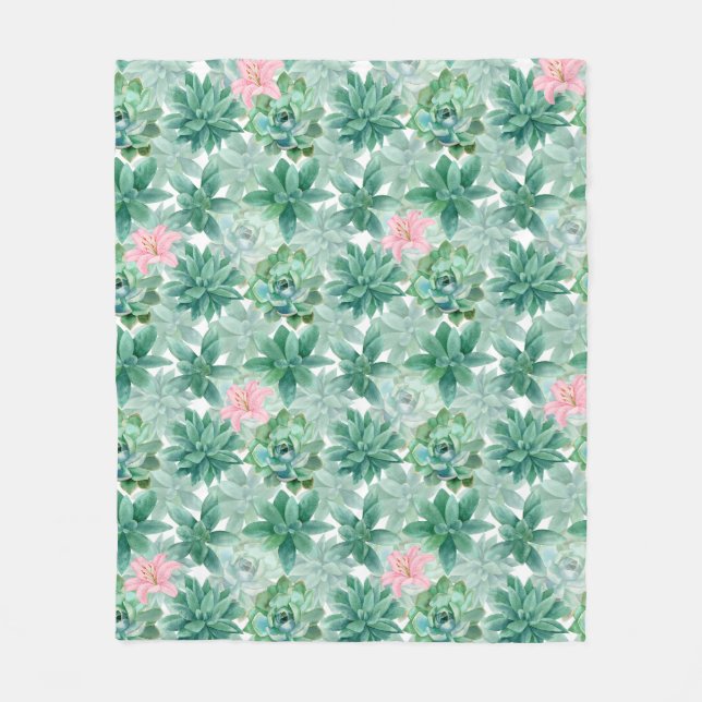 Succulent pink lily botanical floral pattern fleece blanket (Front)