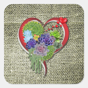 Succulent Plant Decor Within a Heart Square Sticker