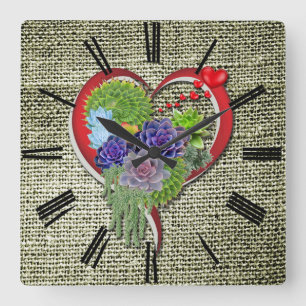 Succulent Plant Decor Within a Heart Square Wall Clock