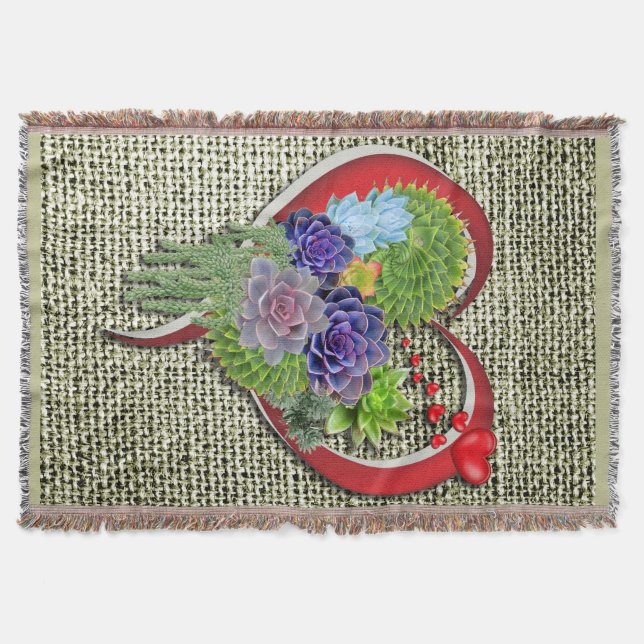 Succulent Plant Decor Within a Heart Throw Blanket (Front)
