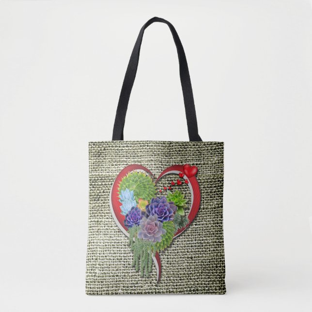 Succulent Plant Decor Within a Heart Tote Bag (Front)