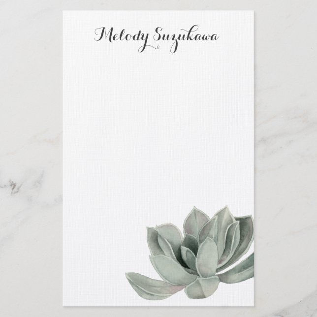 Succulent Plant Watercolor | Add Your Name Stationery (Front)
