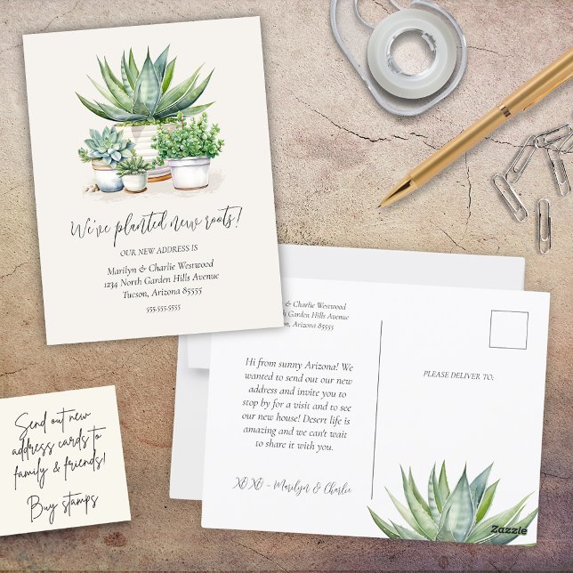 Succulent Planted New Roots Weve Moved New Address Postcard (simple minimalist succulent potted plants theme we planted new roots change of address postcards)