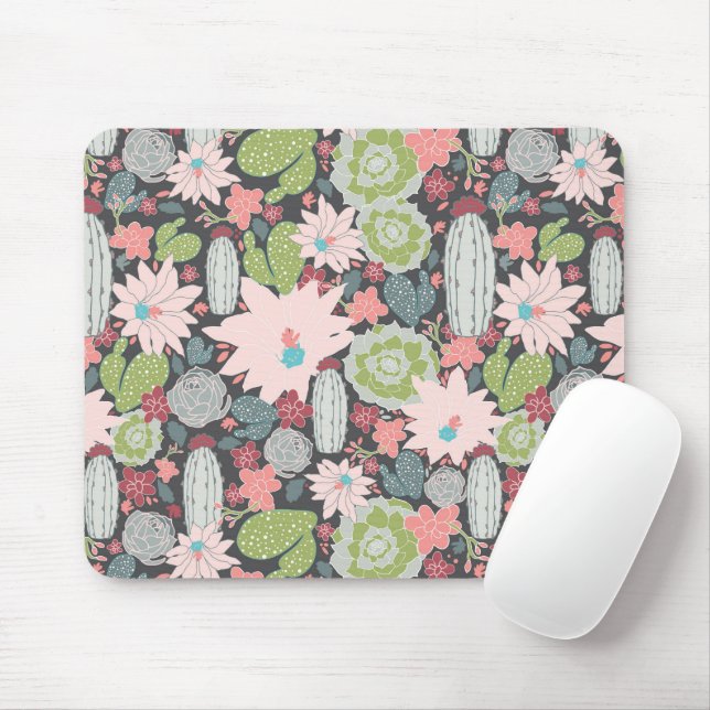 Succulent Plants And Cactus In Greens and Pinks Mouse Mat (With Mouse)