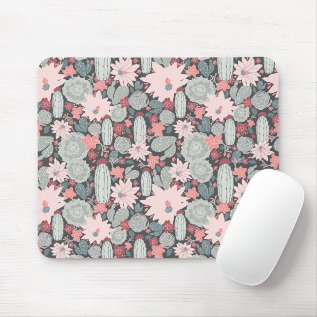 Succulent Plants And Cactus In Pink Mint Pattern Mouse Mat (With Mouse)