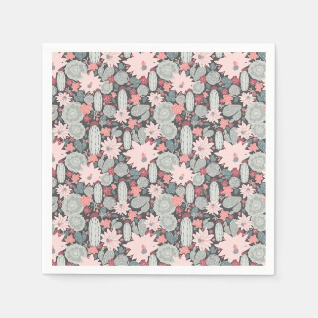 Succulent Plants And Cactus In Pink Mint Pattern Napkin (Front)
