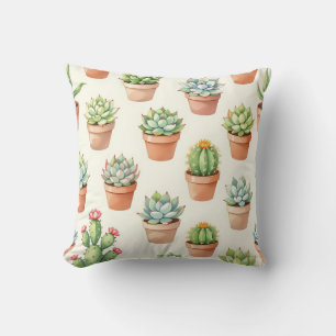 Succulent Plants Seamless Pattern Terracotta Pots Cushion