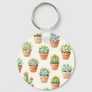 Succulent Plants Seamless Pattern Terracotta Pots Key Ring