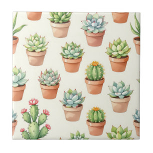 Succulent Plants Seamless Pattern Terracotta Pots Tile