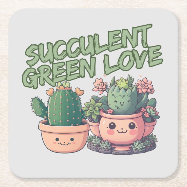 Succulent plants square paper coaster (Front)