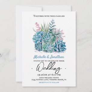 succulent plants watercolor wedding invitation