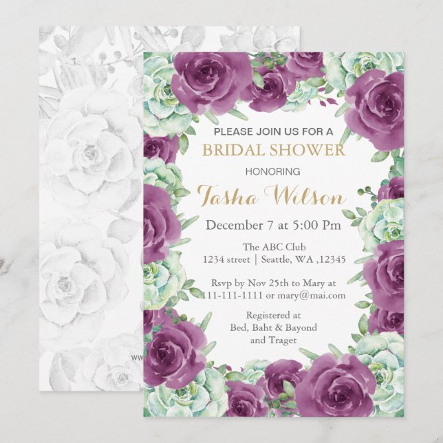 succulent plum roses Bridal Shower Invite (Front/Back)