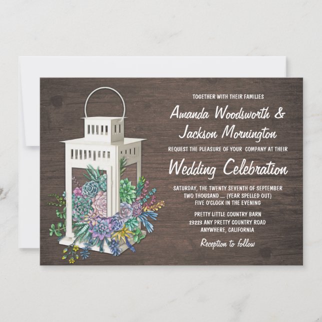 Succulent Rustic Wood Lantern Wedding Invitations (Front)