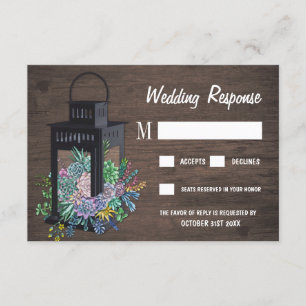 Succulent Rustic Wood Lantern Wedding RSVP Cards
