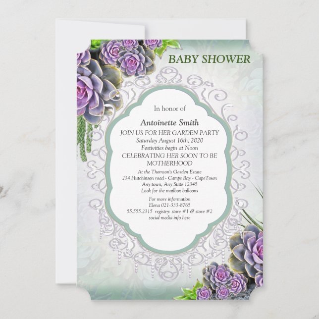 Succulent Sea green, violet Bouquet Baby Shower Invitation (Front)