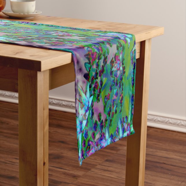 Succulent Sedum Flowers in Aqua, Purple and Blue Short Table Runner (In Situ)