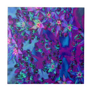 Succulent Sedum Flowers in Teal, Magenta and Blue Tile