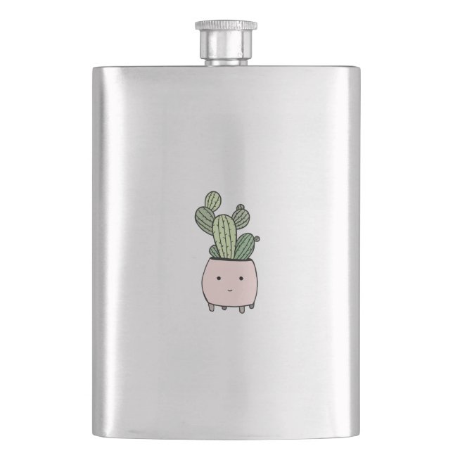 Succulent smiling cactus in pink flowerpot hip flask (Front)