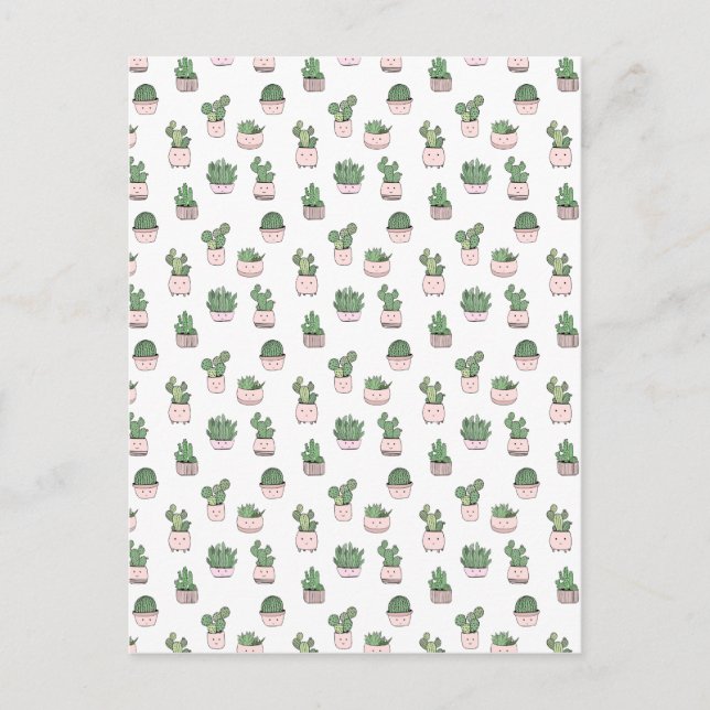 Succulent smiling cactuses in pink flowerpots postcard (Front)