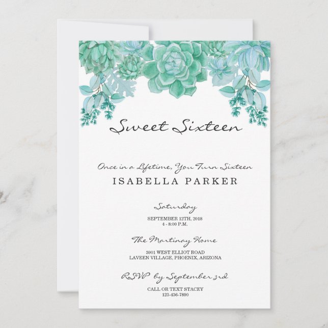 Succulent Sweet Sixteen Party Invitation (Front)