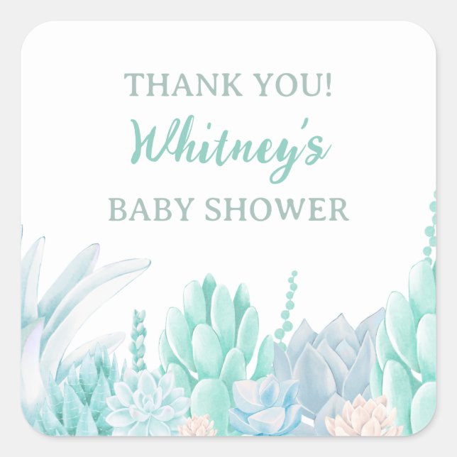 Succulent Watercolor Baby Boy Shower Thank You Square Sticker (Front)