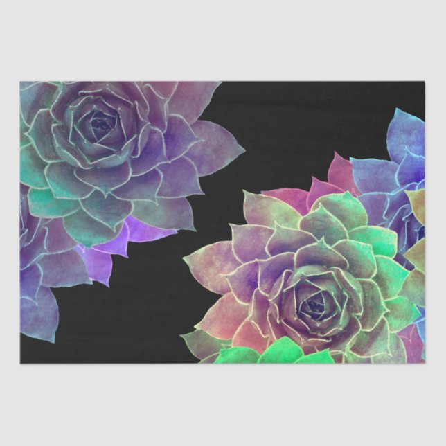 Succulent Watercolor Black Purple Green Design Tissue Paper (Front)