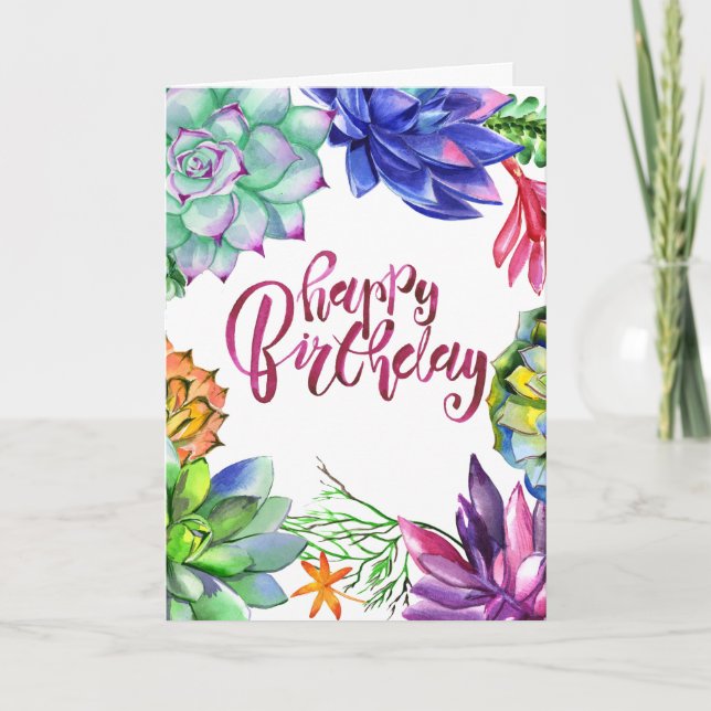 Succulent Watercolor Colourful Happy Birthday Card (Front)