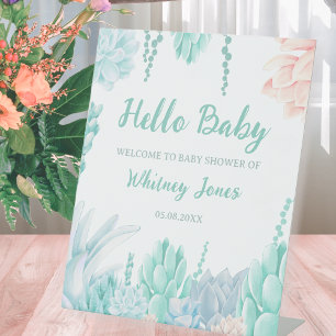 Succulent Watercolor Cute Boy Baby Shower Welcome Pedestal Sign