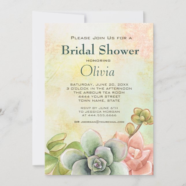 Succulent Watercolor Floral Bridal Shower Invitation (Front)