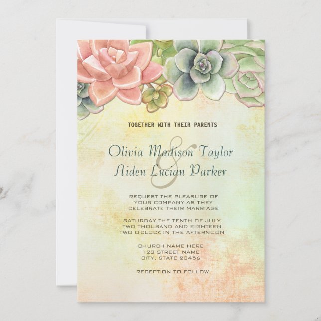 Succulent Watercolor Floral Wedding - option 2 Invitation (Front)
