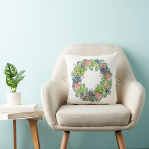 Succulent Watercolor Floral Wreath Cushion