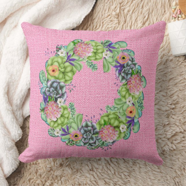 Succulent Watercolor Floral Wreath on Pink Cushion (Blanket)