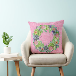 Succulent Watercolor Floral Wreath on Pink Cushion