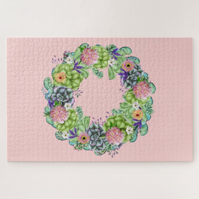 Succulent Watercolor Floral Wreath on Pink Jigsaw Puzzle (Horizontal)