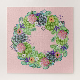 Succulent Watercolor Floral Wreath on Pink Jigsaw Puzzle