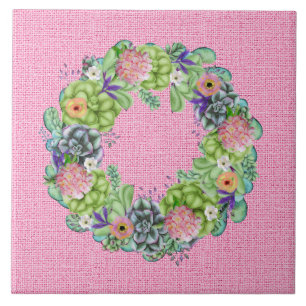 Succulent Watercolor Floral Wreath on Pink Tile
