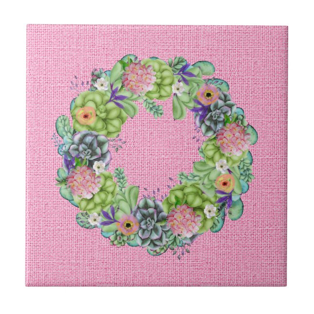 Succulent Watercolor Floral Wreath on Pink Tile (Front)