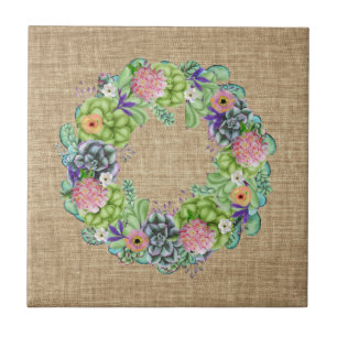 Succulent Watercolor Floral Wreath on Tan Tile