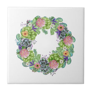 Succulent Watercolor Floral Wreath Tile