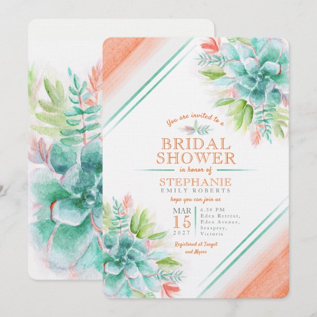 Succulent watercolor green orange bridal shower invitation (Front/Back)