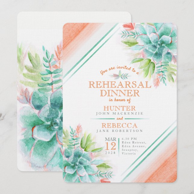 Succulent watercolor green orange rehearsal dinner invitation (Front/Back)