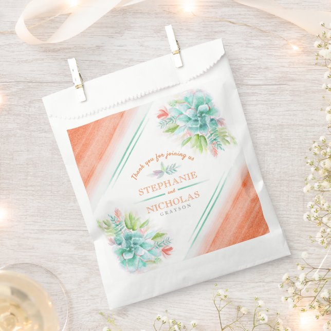 Succulent watercolor green orange wedding favour bags (Clipped)