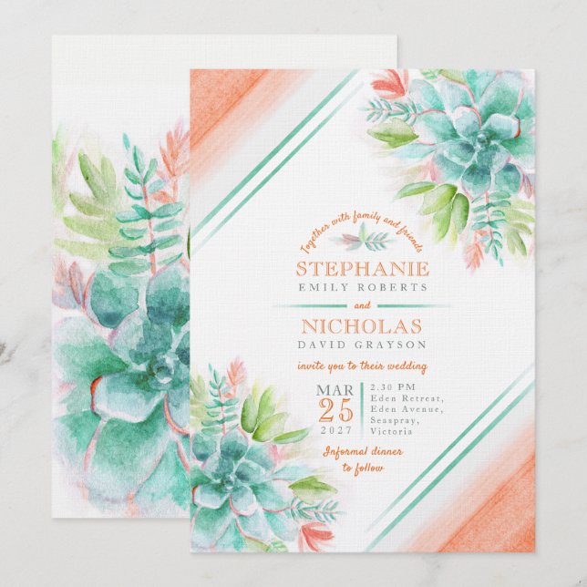 Succulent watercolor green orange wedding invites (Front/Back)
